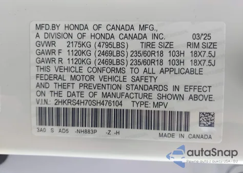 2025 Honda Cr-V Exl from USA, damaged, VIN 2HKRS4H70SH476104